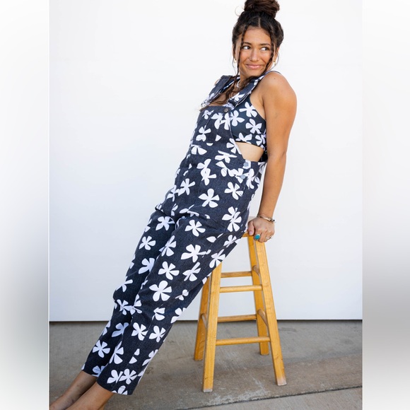Of One Sea Denim Overalls in Black Plumeria - Picture 2 of 12
